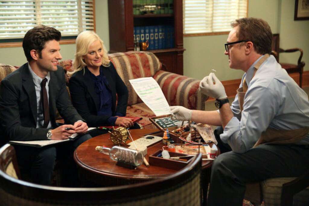 A good meeting? - Councilman Pillner (guest star Bradley Whitford) meets with Ben (Adam Scott) and Leslie (Amy Poehler).