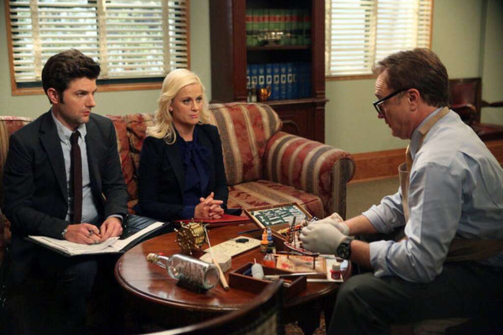 Councilman meeting - Councilman Pillner (guest star Bradley Whitford) meets with Ben (Adam Scott) and Leslie (Amy Poehler).