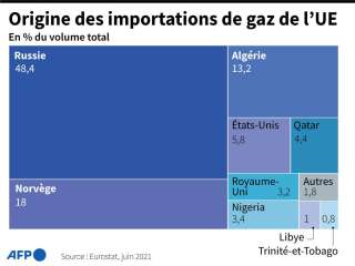 Graphique montrant la proportion et le pays d'origine du gaz importé par l'Union européenne
