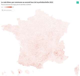La répartition du vote blanc en France (plus la commune est colorée, plus le taux de vote blanc est élevé).
