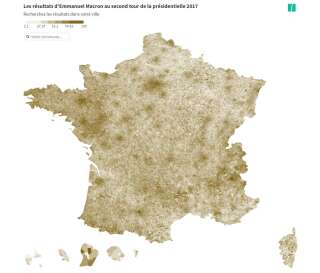 La répartition du vote pour Emmanuel Macron en France (plus la commune est colorée, plus elle a voté pour le candidat).