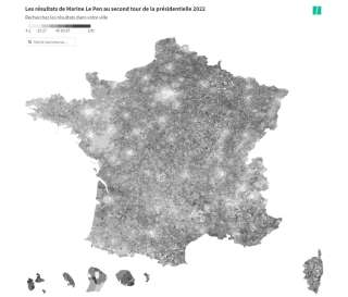 La répartition du vote pour Marine Le Pen en France (plus la commune est colorée, plus elle a voté pour la candidate).
