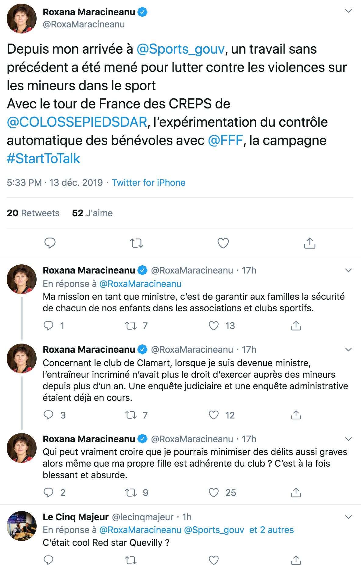 Tweets de la ministre Roxana Maracineanu à propos de la pédocriminalité dans le sport, au soir des incidents vendredi 13 décembre.