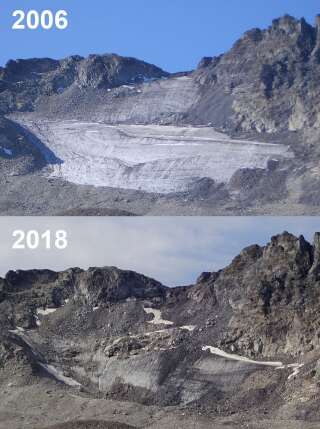 Sur ces deux photos, prises à douze ans d'intervalle, la fonte du glacier du Pizol, dans les Alpes suisses, est absolument terrifiante.