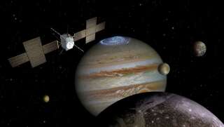 Concept artistique du vaisseau spatial JUICE s'approchant de Jupiter.