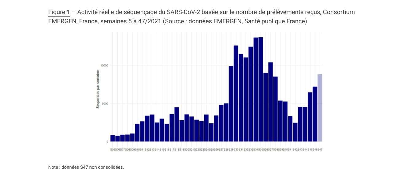 Activité réelle de séquençage du SARS-CoV-2 basée sur le nombre de prélèvements reçus, Consortium EMERGEN, France