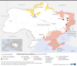 Carte de l'Ukraine au 12 avril. Marioupol, au sud-est, est une ville stratégique pour les Russes qui disposeraient d'un accès facilité vers la Crimée et Kherson.