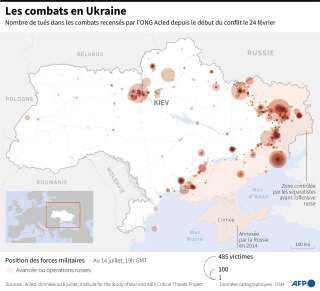 Carte des combats en Ukraine depuis le lancement du conflit en février, avec des données arrêtées au 8 juillet 2022.