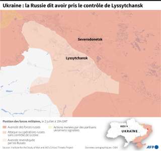 Carte localisant les avancées des forces militaires russes autour de Lyssytchansk, au 2 juillet à 19 heures.