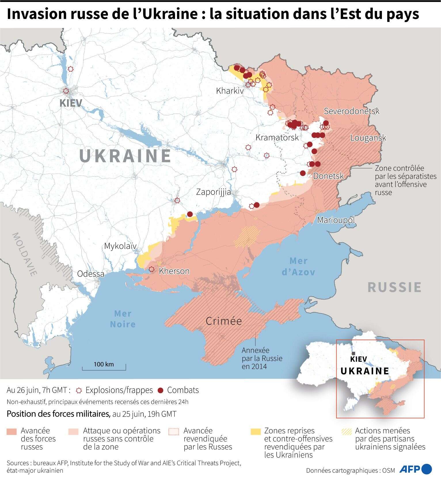 Carte de la situation en Ukraine au 26 juin 2022.