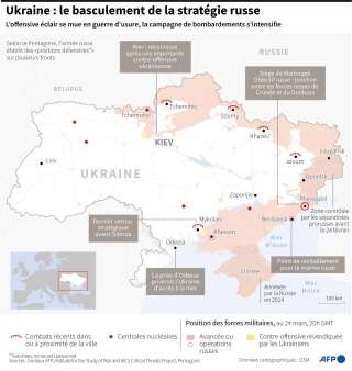 Carte d'Ukraine montrant l'évolution de la stratégie russe dans la guerre menée depuis le 24 février 2022.