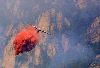 Photo prise le 21 juillet 2003 près de Vero d'un canadair effectuant un largage au dessus de la forêt de Tartavellu, dans la vallée de Gravone, où un incendie s'est déclaré la veille et poursuit sa progression après avoir parcouru plus de 2029 hectares de maquis.