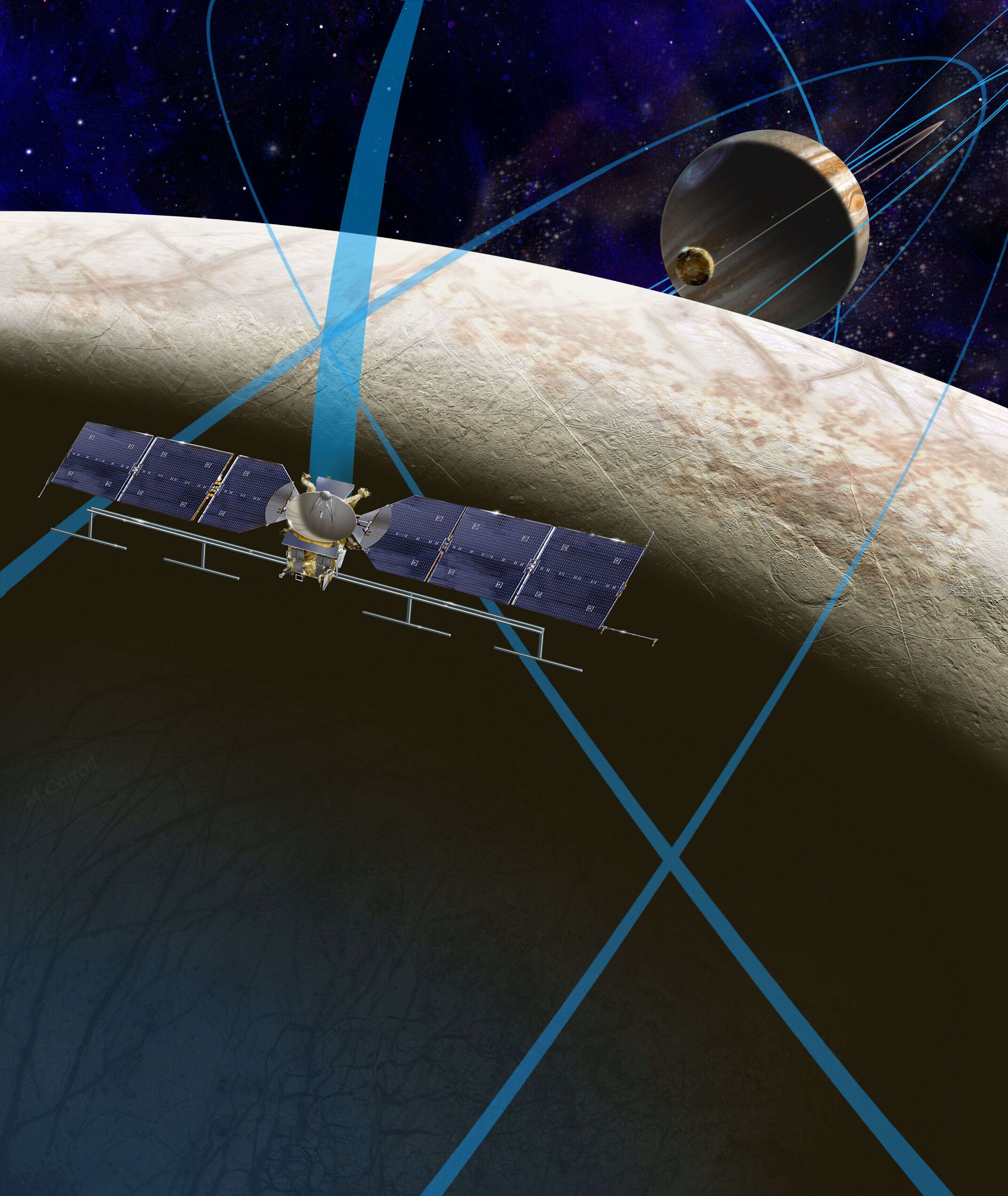 Vue d'artiste de la sonde Europa Clipper en plein examen d'Europe, une des lunes de Jupiter.