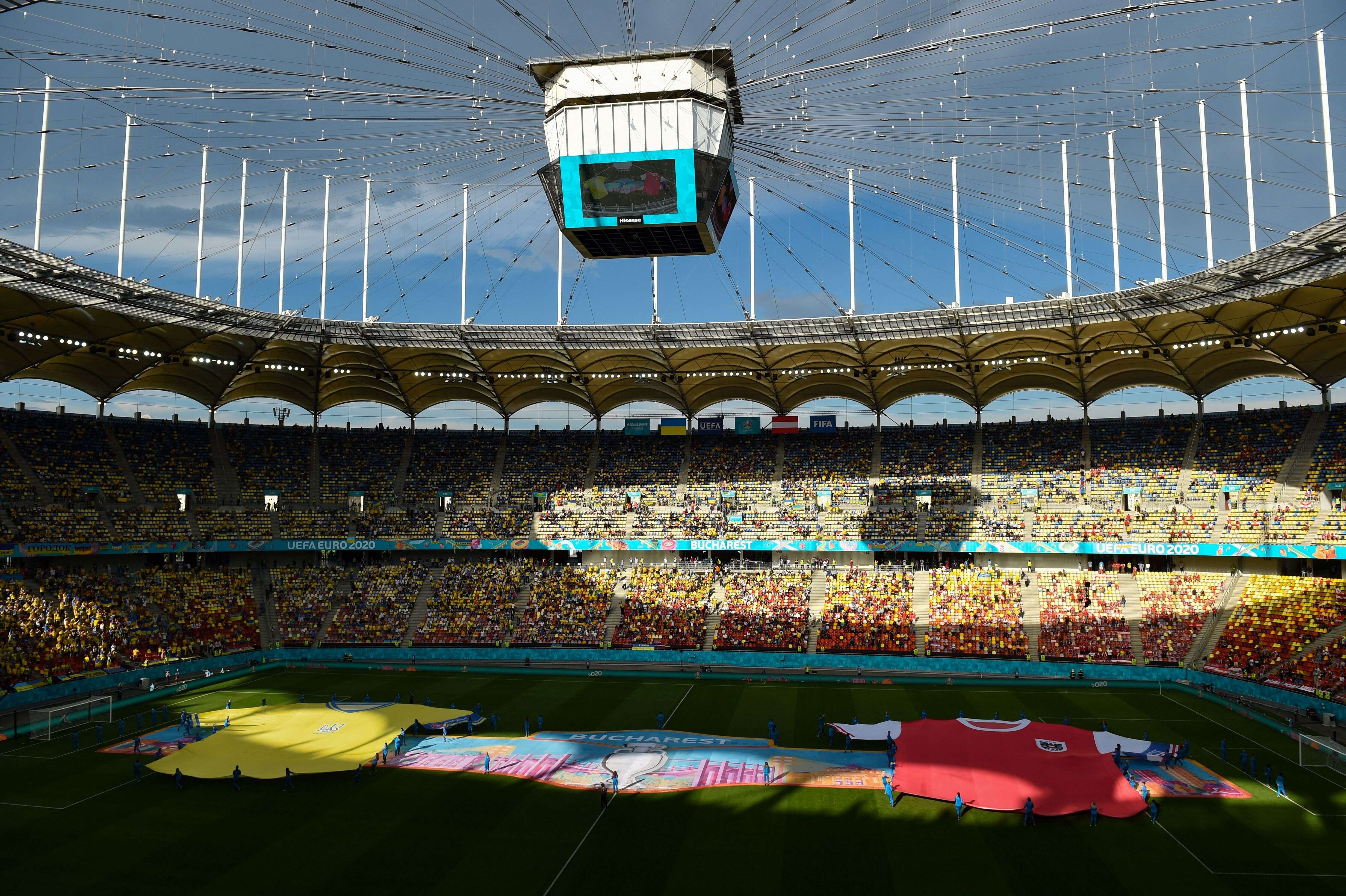La National Arena de Bucarest, en Roumanie, peu de temps avant le coup d'envoi d'Ukraine-Autriche à l'Euro, le 21 juin 2021.