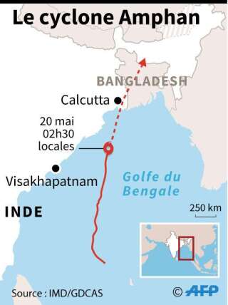 La trajectoire du cyclone Amphan en Inde et au Bangladesh.