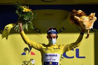 Julian Alaphilippe, ici maillot jaune après la 4e étape entre Sisteron et Orcières-Merlette le 1er septembre 2020.