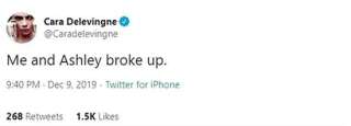 Le 10 décembre dernier, Cara Delevingne annonçait sa rupture avec Ashley Benson sur Twitter, avant de l'effacer 20 minutes plus tard.