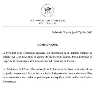 Ce jeudi 7 juillet, l'ancien Premier ministre Jean Castex a été proposé à la présidence du conseil d’administration de l’Agence de financement des infrastructures de transport de France (communiqué de presse de l'Élysée).