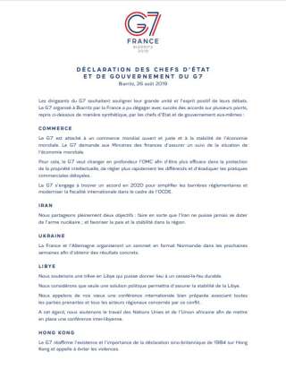 C'est ce document d'une page, qu'Emmanuel Macron dit avoir rédigé lui-même, qui fait la synthèse du G7 de Biarritz.