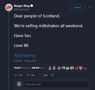 Burger King UK a posté ce tweet le lendemain de l'interdiction des milkshakes chez son concurrent McDonald's.