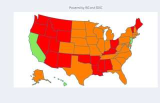 La carte du risque épidémique dans chaque état aux États-Unis mis à jour quotidiennement par l'Institut de santé mondiale en Suisse (ici à la date du 14 mai 2021). En rouge, les États où le nombre de cas recensés stagne ou augmente et où le R-effectif est supérieur à 0,9. Pour les États en vert ou orange, l'épidémie régresse très rapidement ou rapidement.