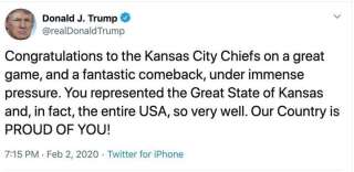 Donald Trump a confondu Kansas et Missouri dans un tweet de félicitations après le Super Bowl.