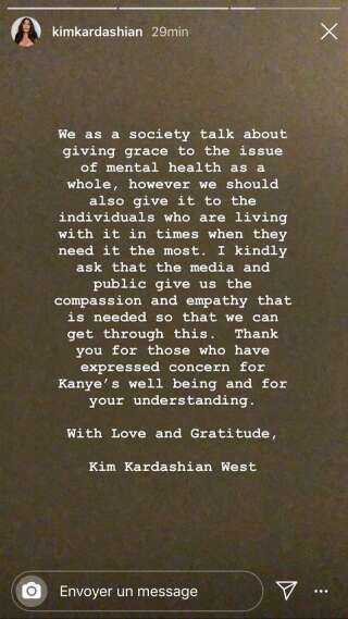 Sur Instagram, Kim Kardashian a évoqué pour la première fois la santé mentale de son mari Kanye West, qui souffre de bipolarité.