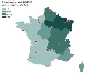 Localisation des 17 Ehpad et pourcentage de cas de Covid-19 enregistrés dans chaque région.