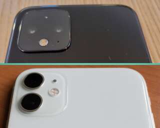 Les design au dos du Pixel 4 (en haut) et de l'iPhone 11 (en bas)