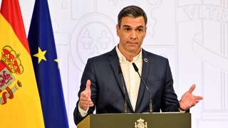 Spain's Prime Minister Pedro Sanchez addresses a press conference to present his government's results since the beginning of the year, at La Moncloa Palace in Madrid, on July 29, 2022. (Photo by JAVIER SORIANO / AFP)