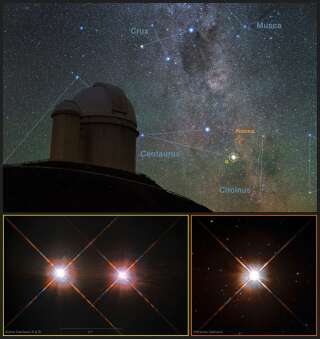 Un'immagine fornita dall'Osservatorio europeo meridionale il 24 agosto 2016, che combina una vista del cielo meridionale sopra il telescopio di 3,6 metri dell'ESO all'Osservatorio di La Silla in Cile con le immagini delle stelle Proxima Centauri (in basso a destra) e della doppia stella Alpha Centauri AB (in basso a destra) a sinistra dal telescopio spaziale Hubble della NASA/ESA.  Proxima Centauri è la stella più vicina al Sistema Solare e orbita attorno al pianeta Proxima b, che è stato scoperto utilizzando lo strumento HARPS sul telescopio da 3,6 metri dell'ESO.  Gli scienziati hanno annunciato il 24 agosto 2016 la scoperta di un pianeta delle dimensioni della Terra in orbita attorno alla stella più vicina al nostro sole, aprendo le porte alla scintillante possibilità di un mondo abitabile che un giorno potrebbe essere esplorato dai robot.  Il pianeta, chiamato Proxima b, si trova nella regione a 