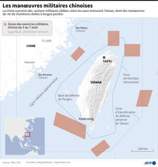Carte de Taiwan et des eaux environnantes, localisant les zones des exercices militaires chinois prévus entre le 4 et le 7 août