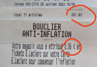 Un ticket de caisse de E. Lerclerc et sa remise du « bouclier anti-inflation« .