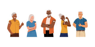 Vector illustration of diverse cartoon smiling elderly men and women with a patch on the shoulder. Isolated on white