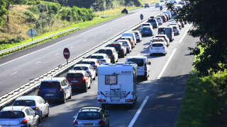 This photo taken on July 16, 2021 shows vehicles in a traffic jam on the RN 24 near Ploermel, in the West of France, in the direction Rennes - Lorient.

 (Photo by Ronan Houssin/NurPhoto via Getty Images)
