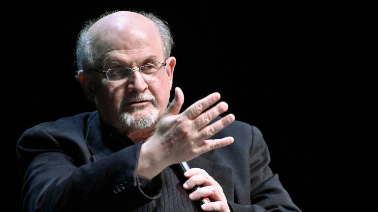 British author Salman Rushdie speaks as he presents his book 