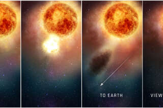 This four-panel illustration shows how the southern region of the rapidly evolving, bright, red supergiant star Betelgeuse may have suddenly become fainter for several months during late 2019 and early 2020. In the first two panels, as seen in ultraviolet light with the Hubble Space Telescope, a bright, hot blob of plasma is ejected from the emergence of a huge convection cell on the star's surface. In panel three, the outflowing, expelled gas rapidly expands outward. It cools to form an enormous cloud of obscuring dust grains. The final panel reveals the huge dust cloud blocking the light (as seen from Earth) from a quarter of the star's surface. NASA/ESA/E. Wheatley (STScI)/Handout via REUTERS.  THIS IMAGE HAS BEEN SUPPLIED BY A THIRD PARTY.