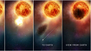 This four-panel illustration shows how the southern region of the rapidly evolving, bright, red supergiant star Betelgeuse may have suddenly become fainter for several months during late 2019 and early 2020. In the first two panels, as seen in ultraviolet light with the Hubble Space Telescope, a bright, hot blob of plasma is ejected from the emergence of a huge convection cell on the star's surface. In panel three, the outflowing, expelled gas rapidly expands outward. It cools to form an enormous cloud of obscuring dust grains. The final panel reveals the huge dust cloud blocking the light (as seen from Earth) from a quarter of the star's surface. NASA/ESA/E. Wheatley (STScI)/Handout via REUTERS.  THIS IMAGE HAS BEEN SUPPLIED BY A THIRD PARTY.