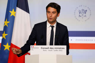 French Junior Minister for Public Accounts Gabriel Attal speaks during the press conference following the weekly cabinet meeting in Paris on July 7, 2022. (Photo by Ludovic MARIN / AFP)