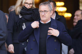 French TV host Christophe Dechavanne leaves Sainte-Clothilde basilica following the funeral ceremony of French journalist Jean-Pierre Pernaut in Paris, on March 9, 2022. (Photo by Thomas SAMSON / AFP)