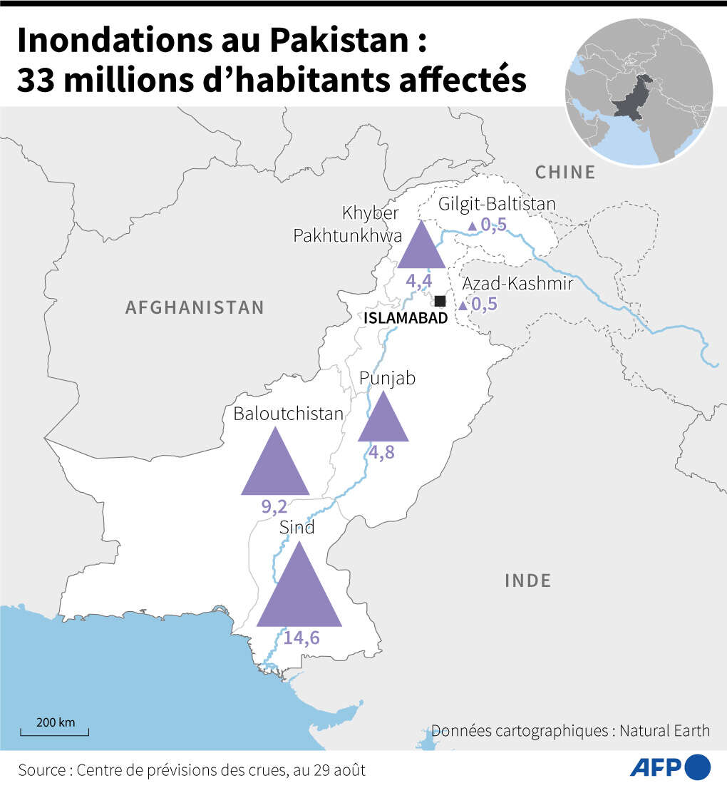 Carte du Pakistan montrant le nombre d’habitants affectés par les inondations par province.