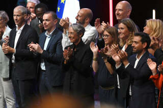 (1rst row from L to R) France’s Junior Minister for the Relations with the Parliament Franck Riester, France’s Labour Minister Olivier Dussopt, France’s Minister for Transformation and Public Services Stanislas Guerini, France’s Prime Minister Elisabeth Borne, French Member of parliament and President of the parliamentary group of the Renaissance ruling party (formerly LREM) Aurore Berge, President of the French National Assembly Yael Braun-Pivet and Member of the European Parliament, and leader of the political group of the European Parliament 'Renew Europe', Stephane Sejourne are pictured at the end of the closing speech of the seminar of the political executives of the future presidential party at the Robert Schuman congress centre in Metz, eastern France, on August 27, 2022. - Members of the government, MPs and party executives gather at a seminar for the creation of the Renaissance Party, resulting from the merger of LREM, Agir and Territoires de Progres. (Photo by Jean-Christophe Verhaegen / AFP)