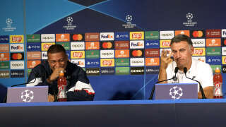 PSG's Kylian Mbappe, left, and PSG's head coach Christophe Galtier, give a press conference at the Parc des Princes stadium, in Paris, Monday, Sept. 5, 2022. Paris Saint Germain will play against the Juventus in a Champions League soccer match Group H on Tuesday. (AP Photo/Thibault Camus)