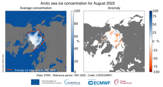 Concentration moyenne de glace de mer dans l’Arctique pour août 2022.