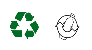 À gauche : l’anneau de Moebius / À droite : le logo verre