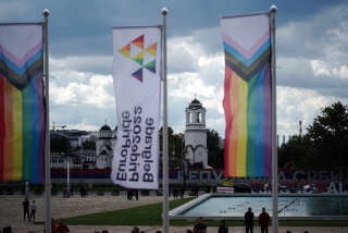 EuroPride flags flutter during the opening ceremony of the EuroPride 2022 in Belgrade, on September 12, 2022. - Last month, Serbian President Aleksandar Vucic said he had decided to 