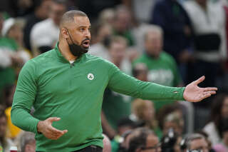 FILE - Boston Celtics coach Ime Udoka reacts during the fourth quarter of Game 6 of basketball's NBA Finals against the Golden State Warriors, Thursday, June 16, 2022, in Boston. The Boston Celtics are planning to discipline coach Ime Udoka, likely with a suspension, because of an improper relationship with a member of the organization, two people with knowledge of the matter told The Associated Press on Thursday, Sept. 22, 2022. (AP Photo/Steven Senne, File)