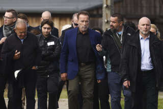 Arnold Schwarzenegger visits former Nazi German Auschwitz Birkenau concentration and extermination camp in Brzezinka, Poland n September 28, 2022.  Actor's visit to the memorial site in Poland was his first and came as part of his work with the Auschwitz Jewish Center Foundation, whose mission is to fight hatred through education. (Photo by Beata Zawrzel/NurPhoto via Getty Images)