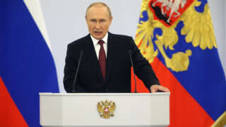 MOSCOW, RUSSIA - SEPTEMBER 30 (RUSSIA OUT) Russian President Vladimir Putin speaks during the signing ceremony with separatist leaders on the annexation of four Ukrainian regions at the Grand Kremlin Palace, on September 30, 2022 in Moscow, Russia. Separatist leaders of annexed Donetsk, Lugansk, Kherson and Zaporizhzhya regions of Ukriane have arrived in Moscow to sign joint documents. (Photo by Contributor/Getty Images)