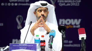 Qatar 2022 CEO Nasser al-Khater speaks during a press conference in the Qatari capital Doha on September 8, 2022 ahead of the 2022 FIFA World Cup soccer. (Photo by MUSTAFA ABUMUNES / AFP)